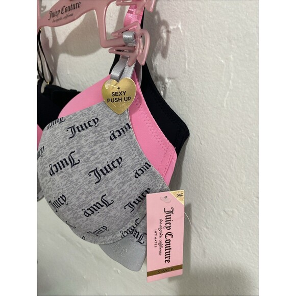 Juicy Couture Push Up Bra 34C 3 Pack Sleek & Smooth Underwire Grey Pink Black - Picture 4 of 11